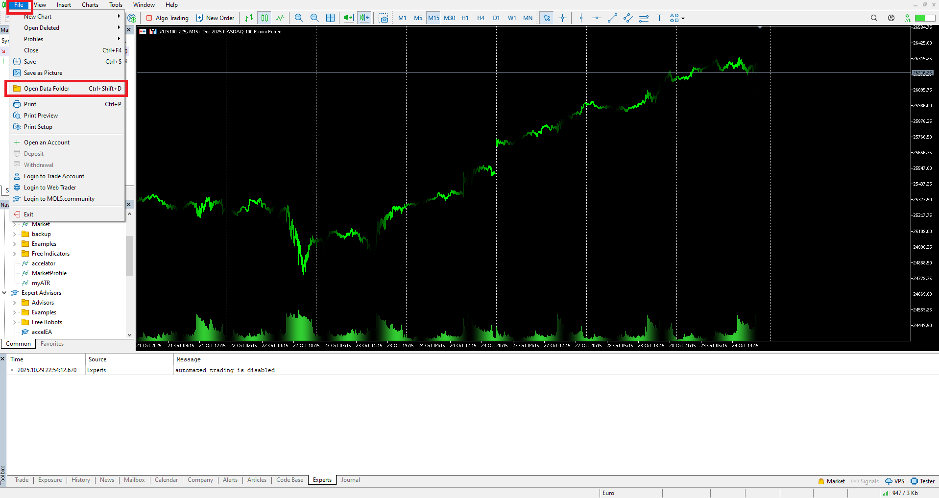 MT5 File Menu showing Open Data Folder option