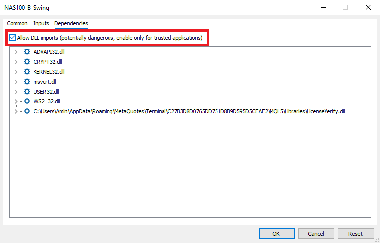 Dependencies tab with Allow DLL imports