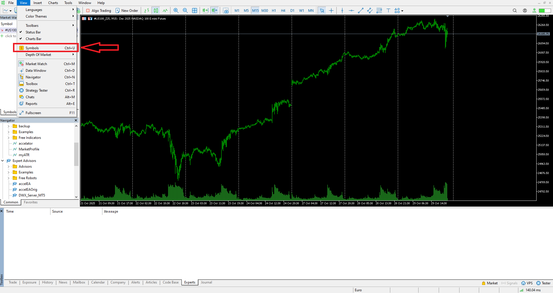 View menu with Symbols option