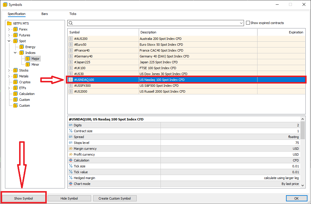 Symbols menu showing NASDAQ100
