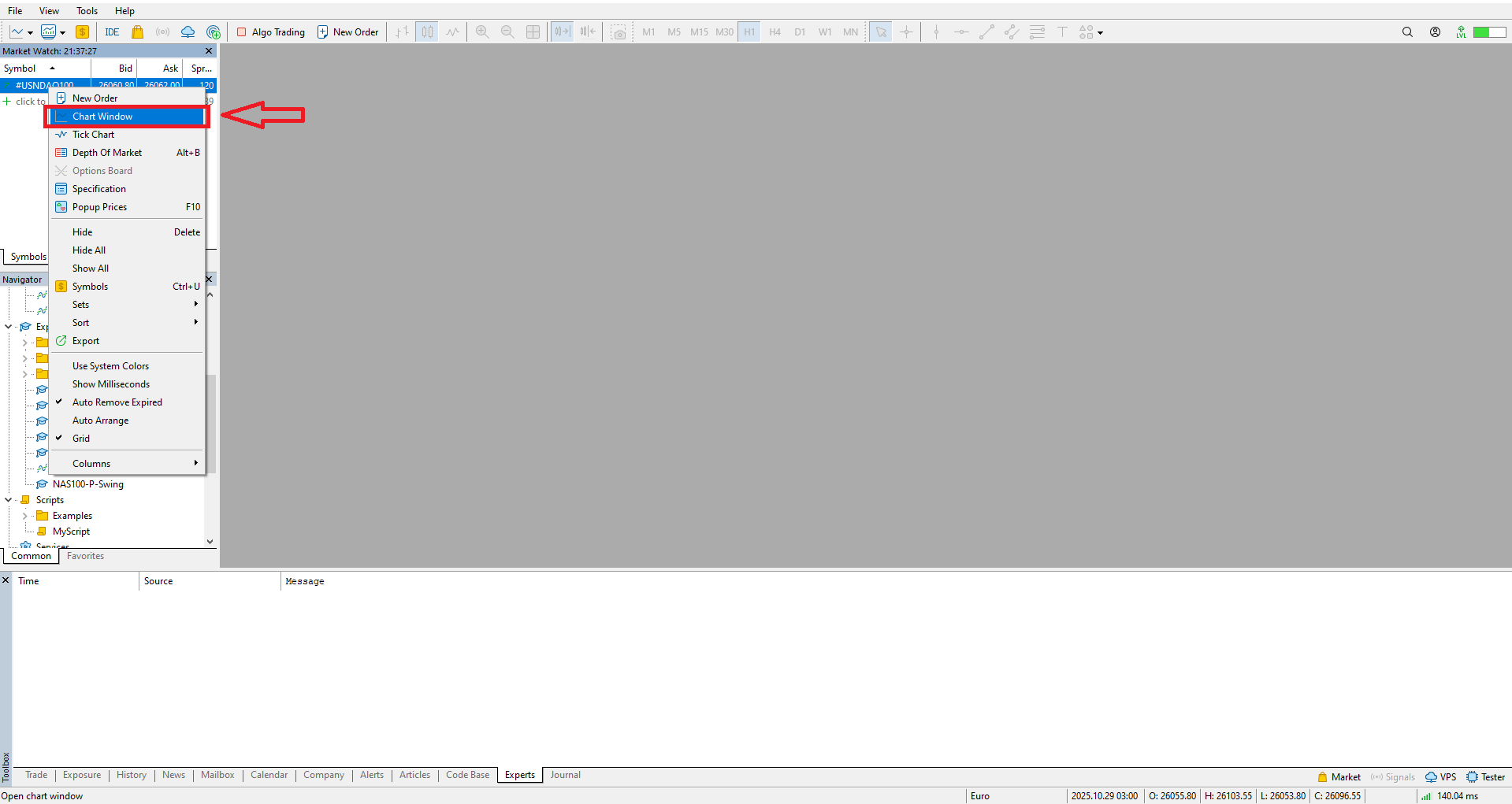 Market Watch with NASDAQ100 chart window option